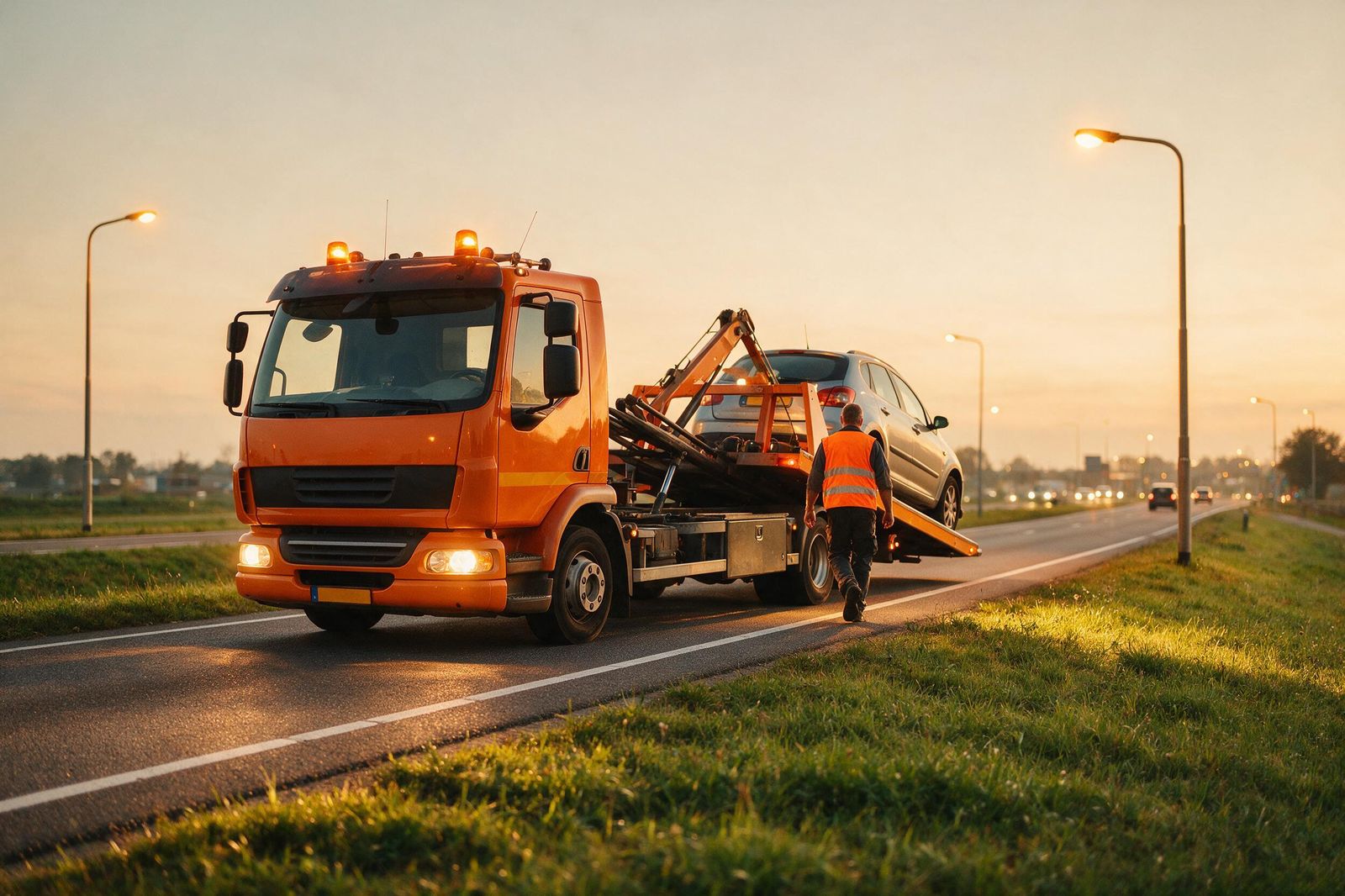 Oranje sleepwagen met zwaailicht laadt in het donker een auto op langs de weg