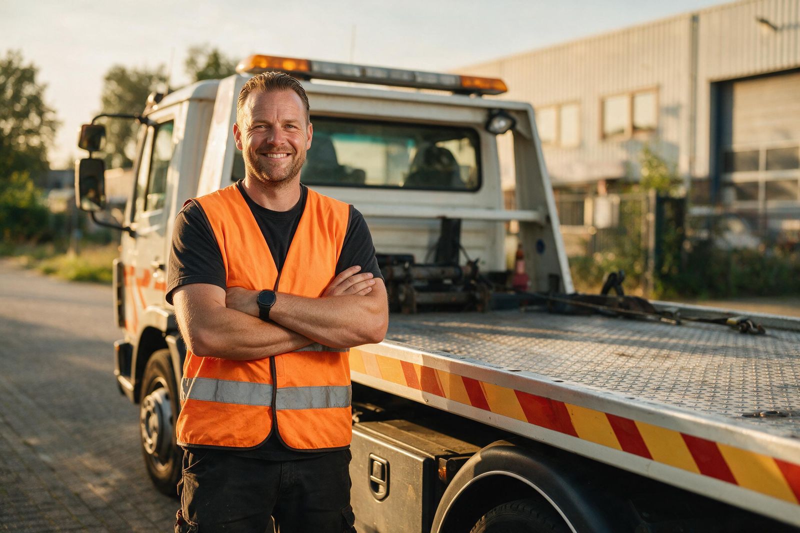 Berger in veiligheidshesje voor zijn sleepwagen