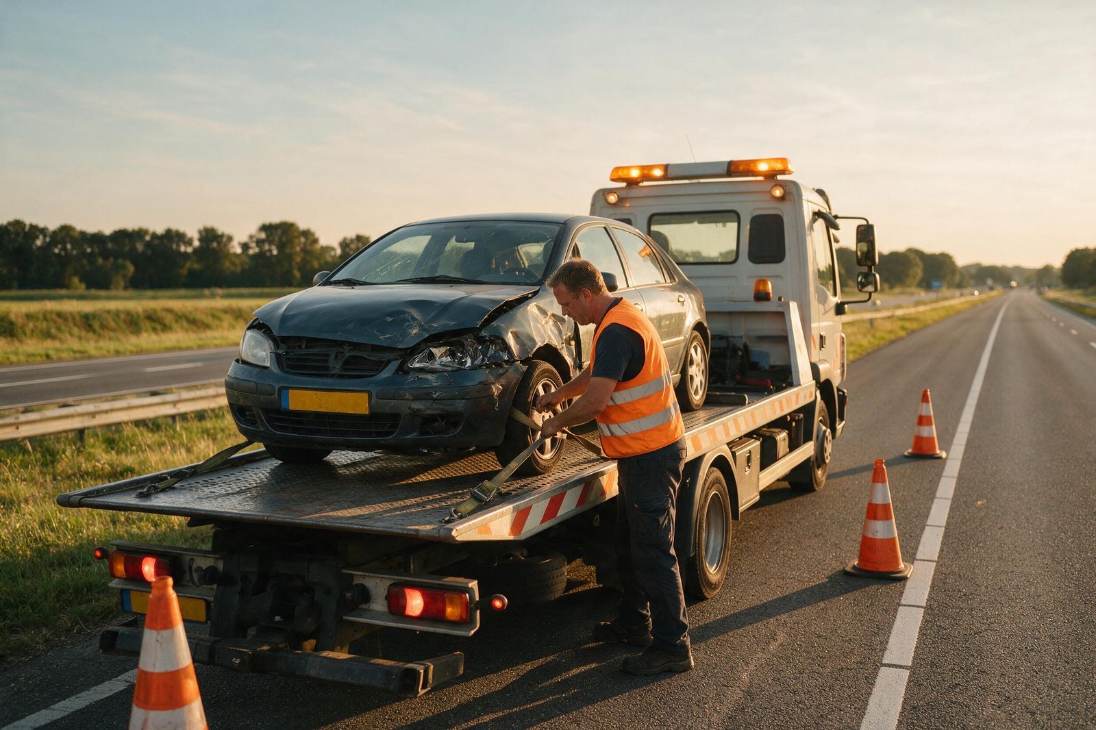 Berger zet een beschadigde auto vast op de oprijwagen