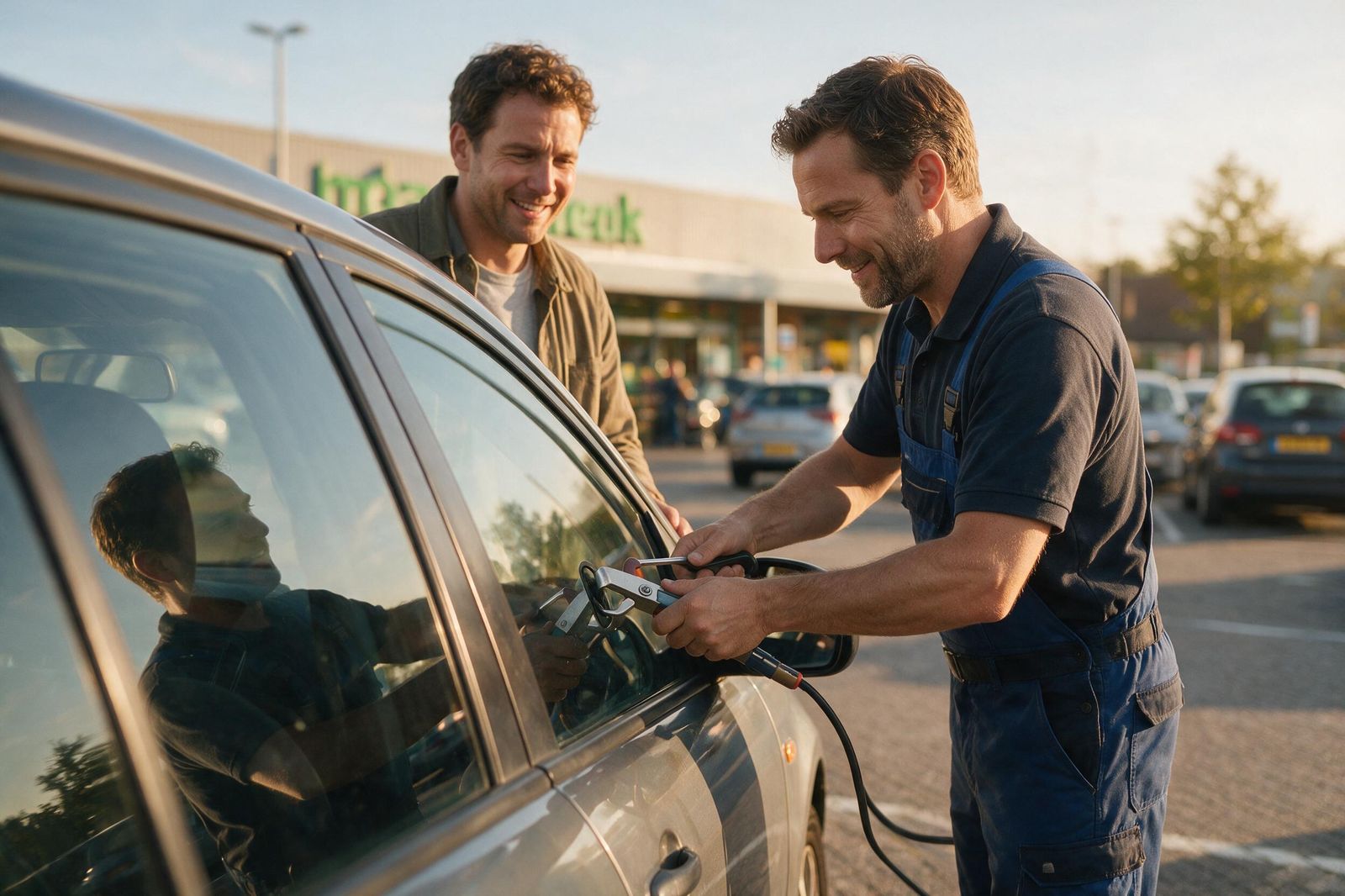 Specialist opent een afgesloten autoportier met gereedschap