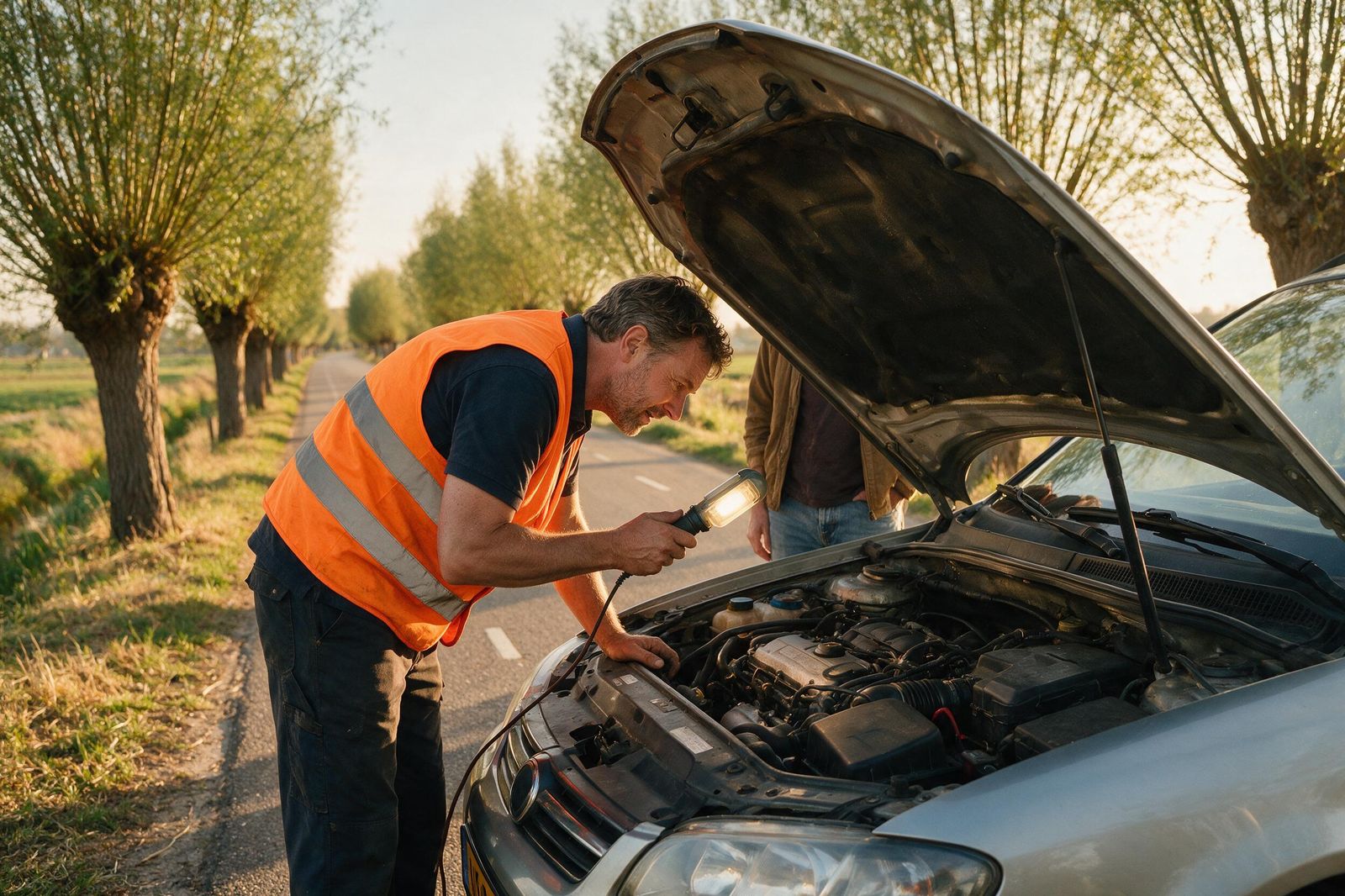 Monteur schijnt met een lamp in de motorruimte van een auto