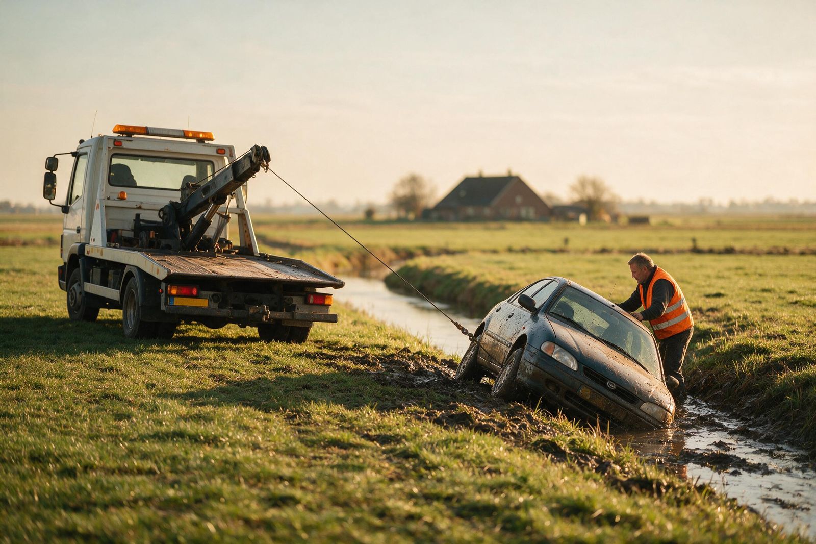 Auto wordt met een lier uit de berm getrokken in een polderlandschap