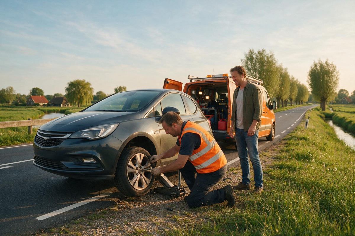 Monteur wisselt een lekke band bij een auto in de berm van een landweg