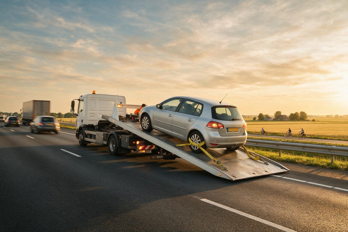 Sleepwagen met een opgeladen personenauto langs de snelweg