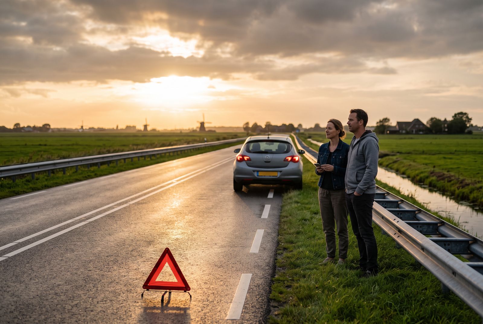 Stel wacht veilig achter de vangrail terwijl de gevarendriehoek voor de auto staat